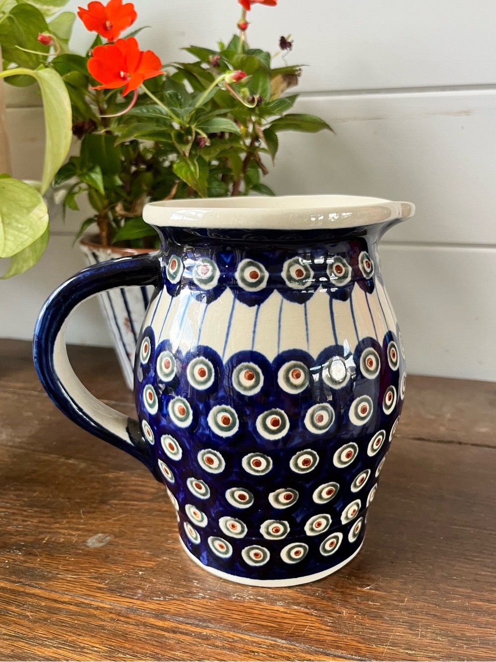 Boleslawiec Polish Pottery pitcher, traditional peacock eye pattern